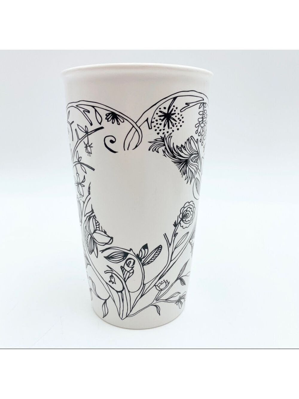 STARBUCKS 2014 Ceramic tumbler black white floral flowers Travel Mug Cup Coffee